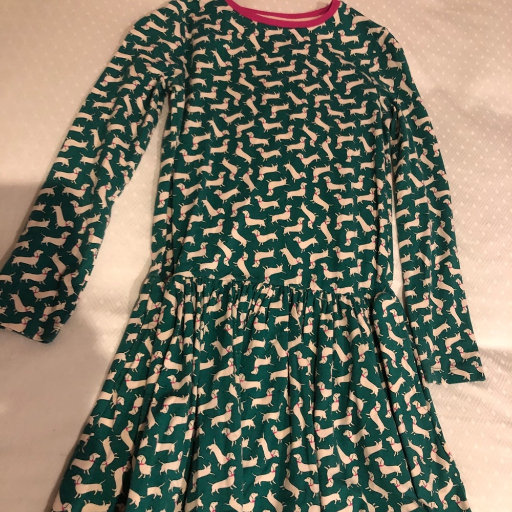Girls mini Boden green dog play dress